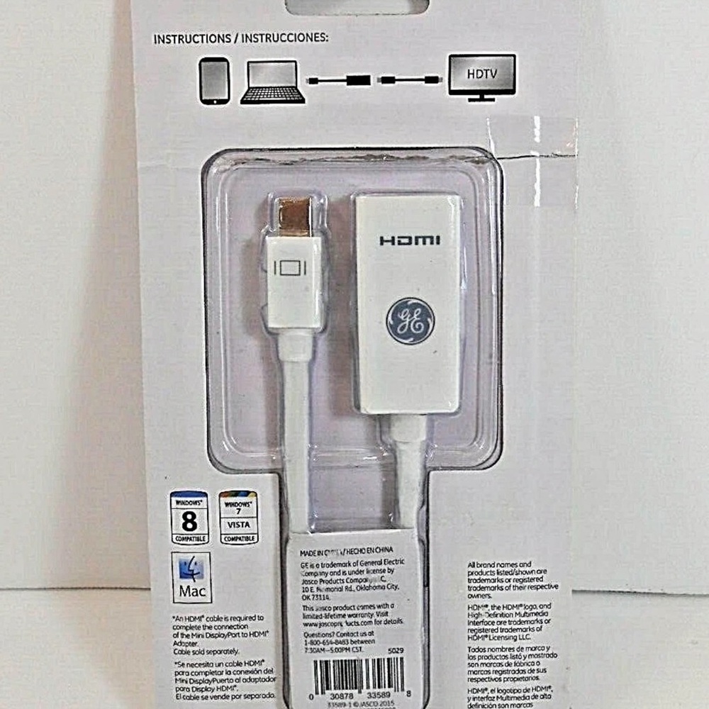 GE Mini Display Port To HDMI Adapter White HDTV to PC MAC Full HD 1080P 4K 33589